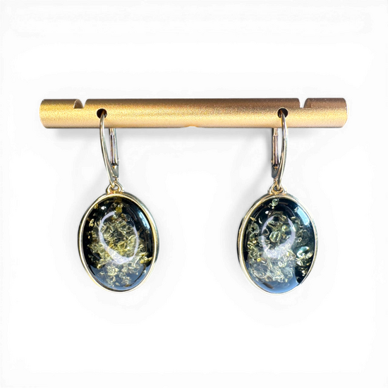 Gold-Plated Silver Earrings with Green Amber & Cat Design
