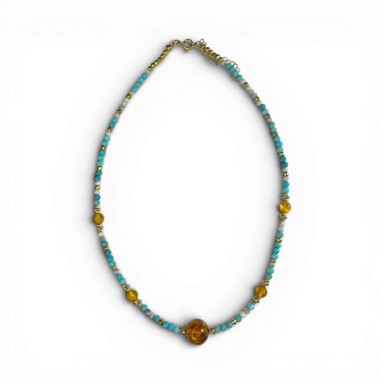 Necklace with amber lemon, howlite and turquoise