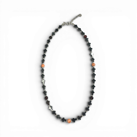 Collier avec corail rose, ambre cerise et hématite