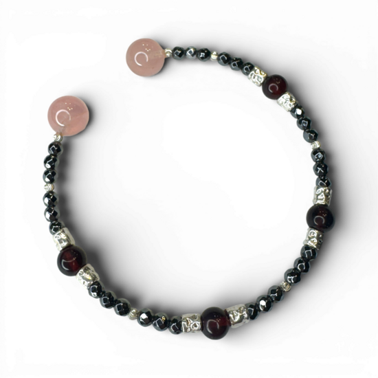 Bracelet en quartz rose, ambre cerise, hématite