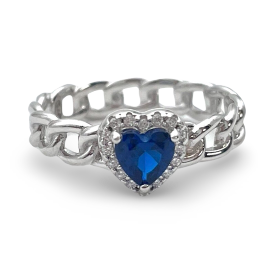 Anillo Trenzado de Plata Corazón con Circonita Azul