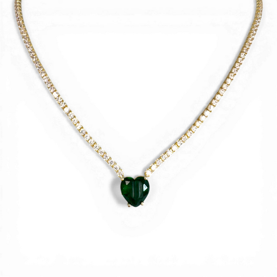 Tennis necklace with white zircon and green cristal heart
