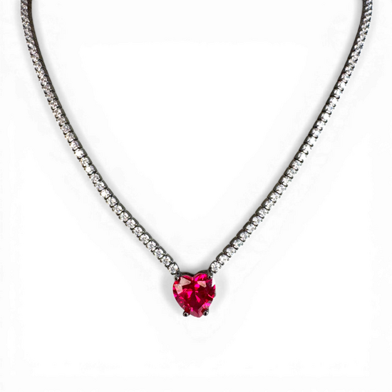 Tennis necklace with white zircon and synth ruby heart