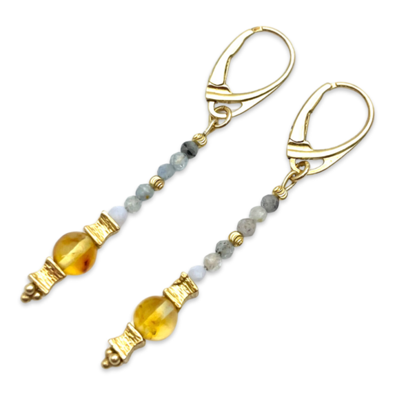 Gold-plated amber and beaded earrings