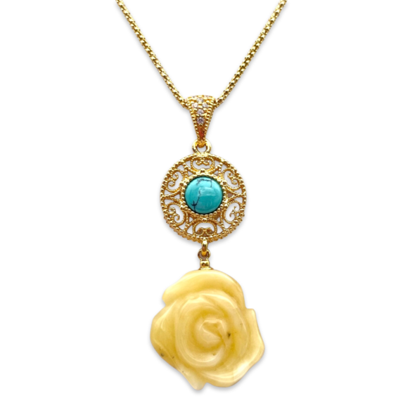 Gold plated necklace with amber rose and turquoise