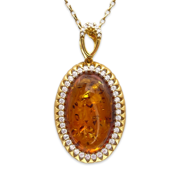 Gold-plated pendant with amber and zircons