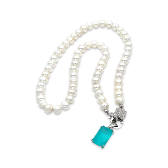 Pearl necklace with paraiba pendant
