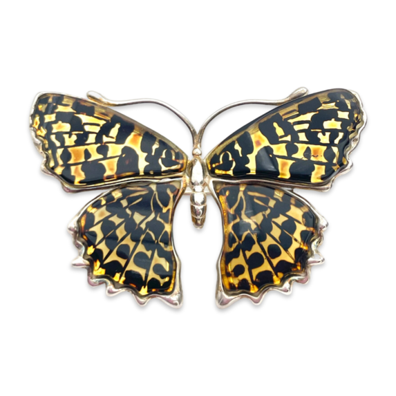 Silver amber brooch pendant Butterfly