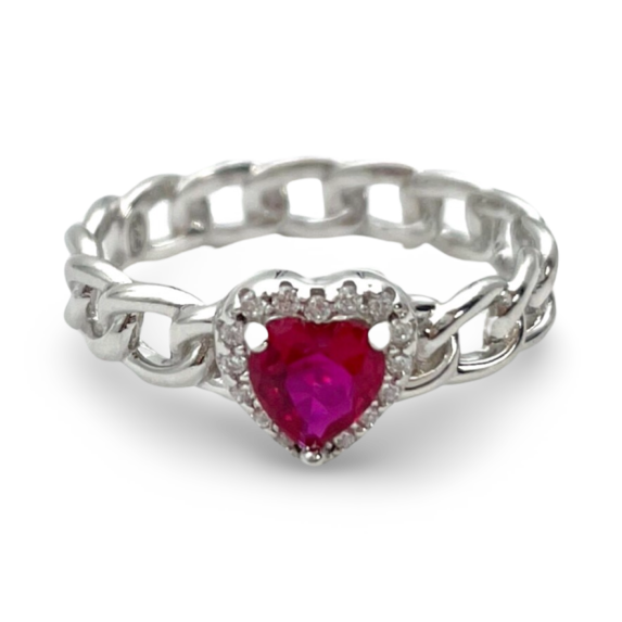 Anillo Trenzado de Plata Corazón con Circonita Roja