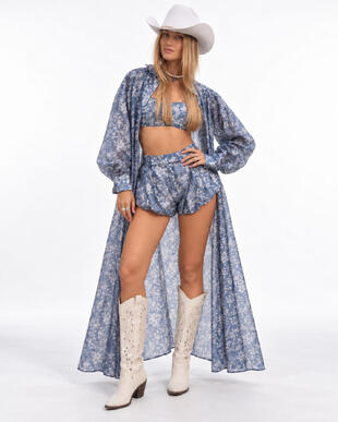 Blaues Floral Western Outfit – Dreiteiliges Tencel-Set mit Cowboyhut | Image 2