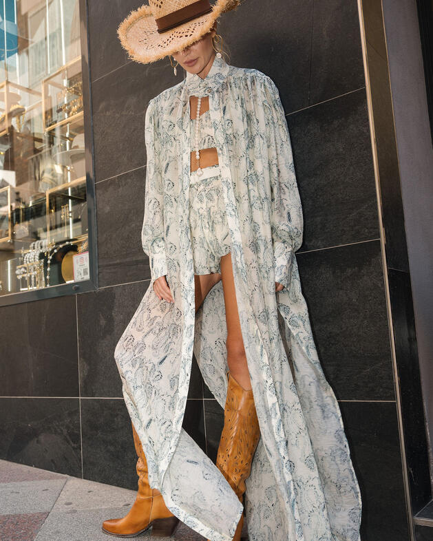 Ivory Boho Western Outfit – Ornamental Tencel Set & Suede Boots | Image 5